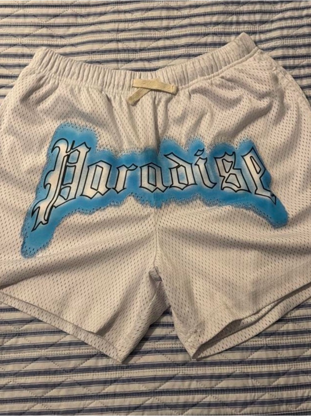 Forever 21 White Mesh Men's Shorts with Blue 'Paradise' Graphic
